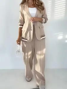 Spring Summer New Women's Fashion Casual Suit Set, Striped Patchwork Loose Jacket + Wide Leg Pants