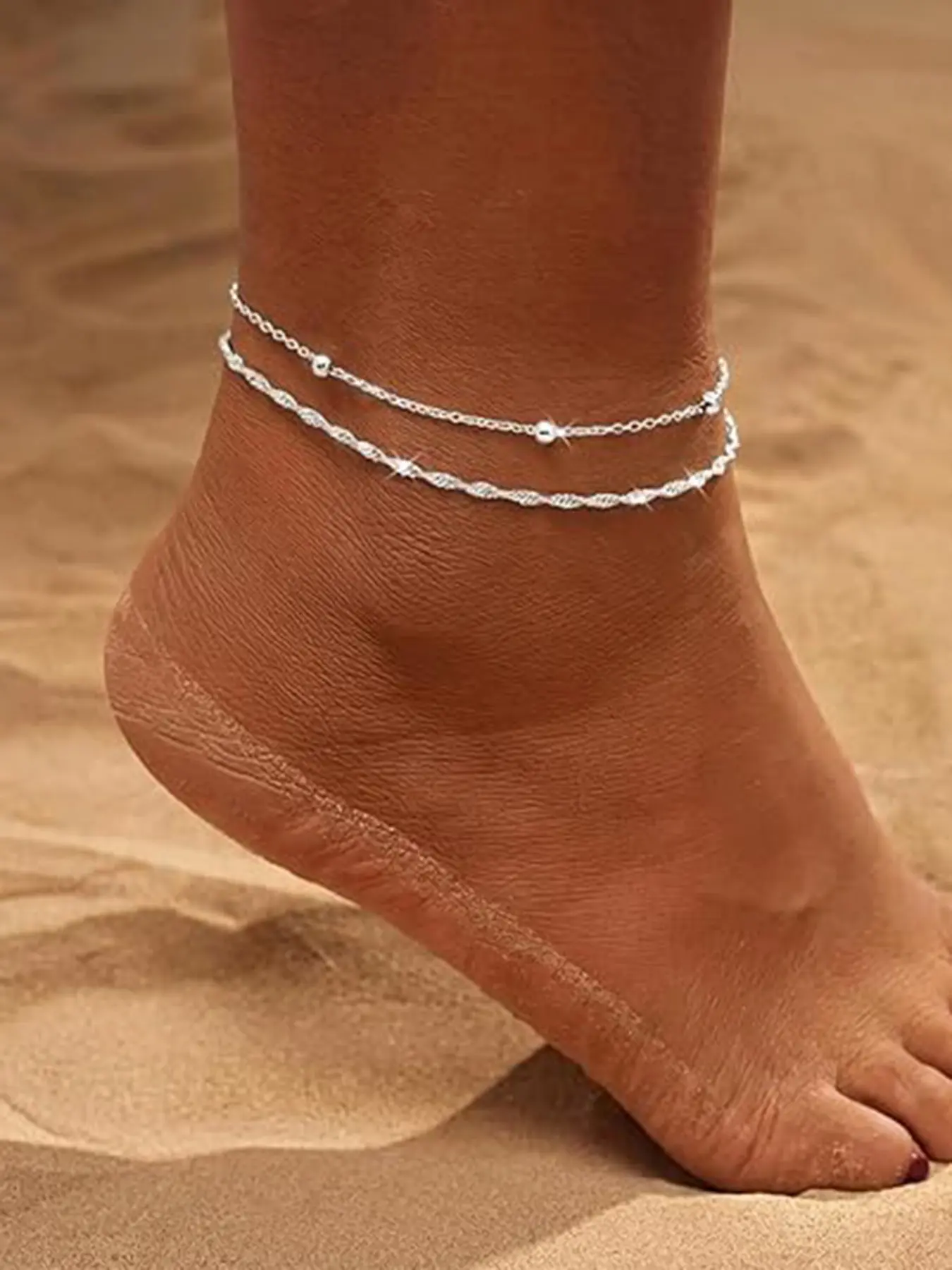 Summer Beach Double Layer Ankle Bracelet, Luxury Bead Twist Fine Anklet, Waterproof Multi-Layer Beaded Chain Set, Fashion Summer Beach Jewelry, Trendy Fashionable Accessories, Women's Gift