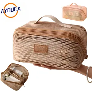Boho Mesh Cosmetic Organizer Breathable Makeup Bag with Multiple Compartments Zipper Closure Lightweight Travel Toiletry Storage Perfect for Daily Use Trips Valentine's Day Gift Handheld Makeup Case Jewelry Organizer Box Girlfriend Present Minimalist