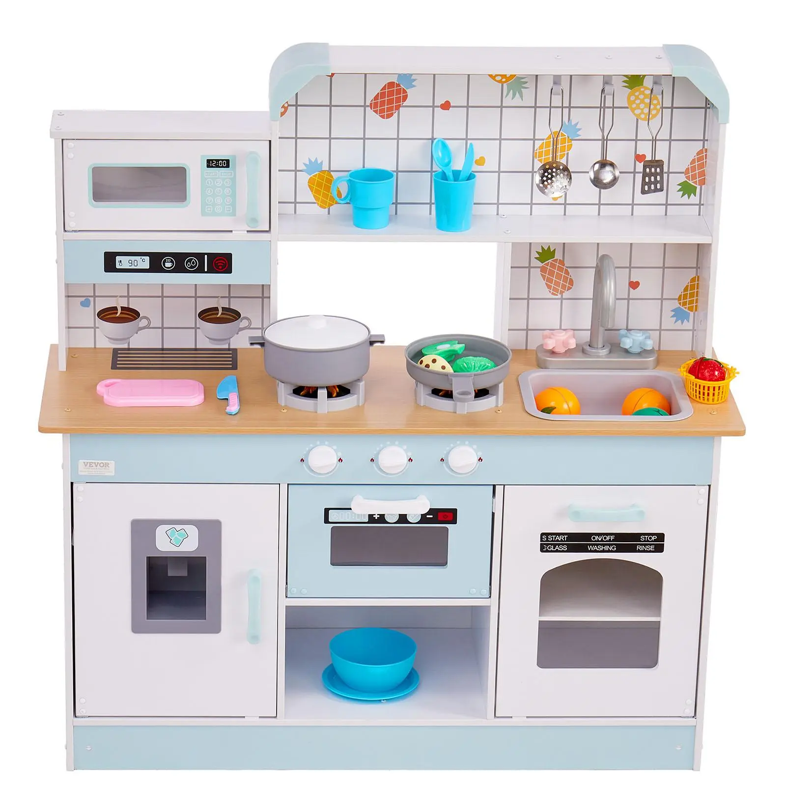 VEVOR Play Kitchen for Kids, Wooden Toy Kitchen Set with Lights and Sounds, Toddler Kitchen with Ice Maker, Oven, Sink, Microwaves, Fridge and Utensil and Fruit Accessory for Toddlers ages 3-8, White#BacktoSchool
