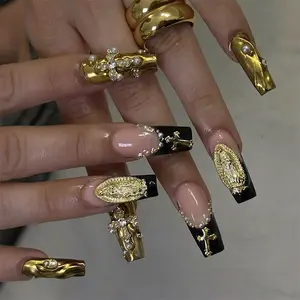 Gothic Gold Metal Press On Nails, Black & Gold French Tip with Virgin Mary Metal Cross Charms, Egyptian Royal Desert Style, Edgy Long Coffin Removable False Nails with Jelly Glue and Nail File