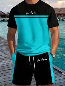 Men's Summer Two-Piece Set, Colorblock Short Sleeve T-Shirt and Shorts, Full Print Top, Round Neck, Soft Fabric, Casual Sports Wear, Summer Athletic Wear, Sporty Set