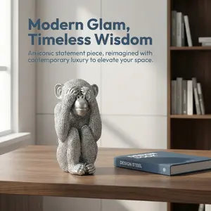 Silver See No Evil Monkey Resin Statue, Sparkling Beaded Primate Decor, Luxury Three Wise Monkeys Figurine, Modern Home Accent, Tabletop Shelf Ornament