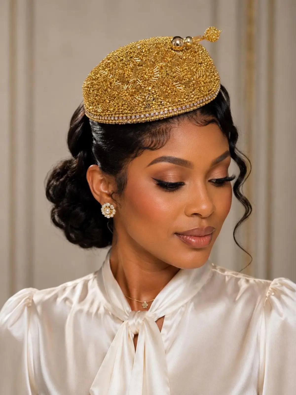 Luxury Gold Beaded Fascinator Hat – Elegant Church Headpiece – Women’s Derby, Wedding & Tea Party Hat