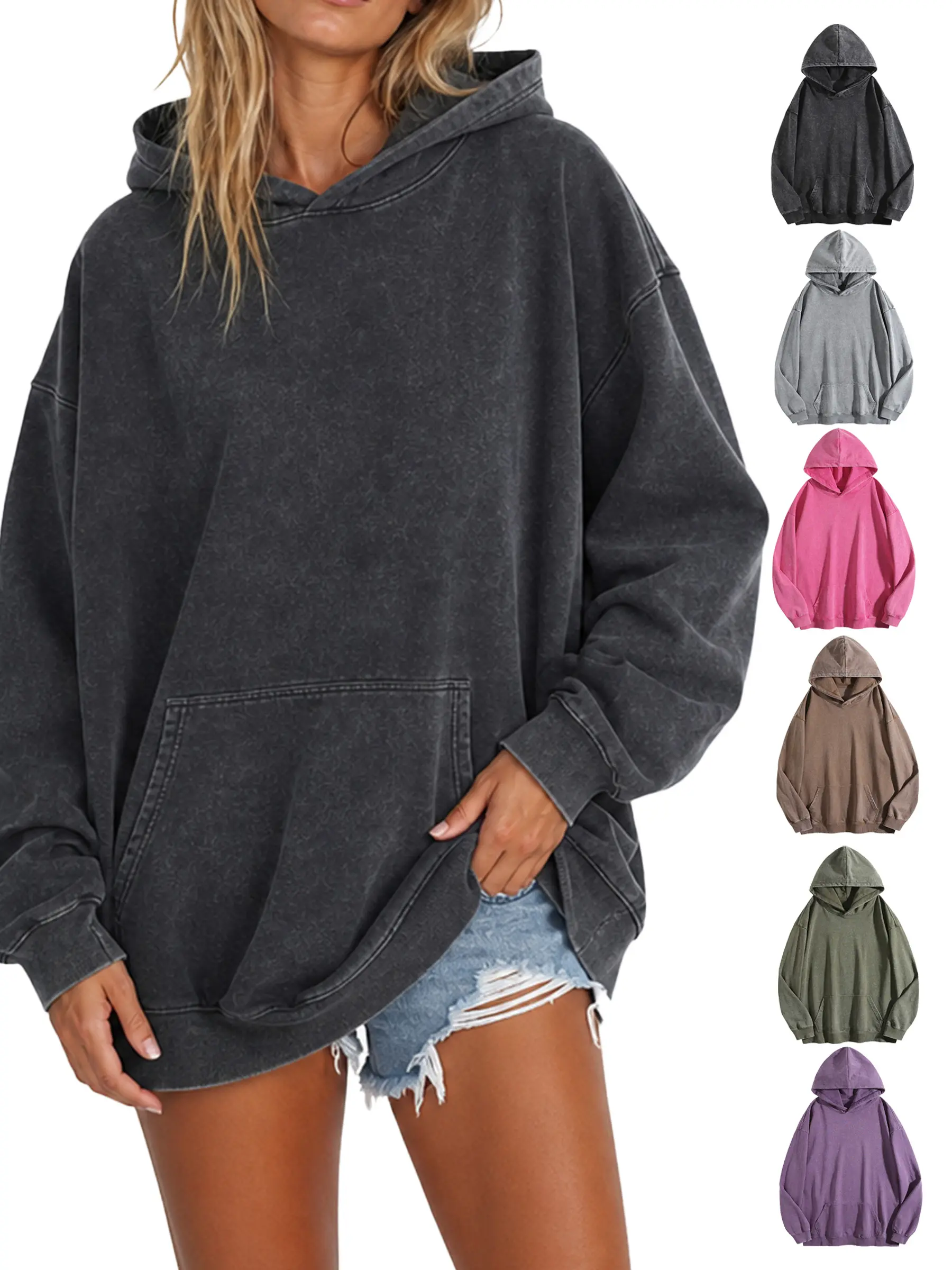 Women's Retro Acid-Wash Oversized Hoodie, Loose-Fit Long-Sleeve Pullover with Front Pocket, Vintage Washed Plain Casual Streetwear Top for Fall Winter Everyday Outfits