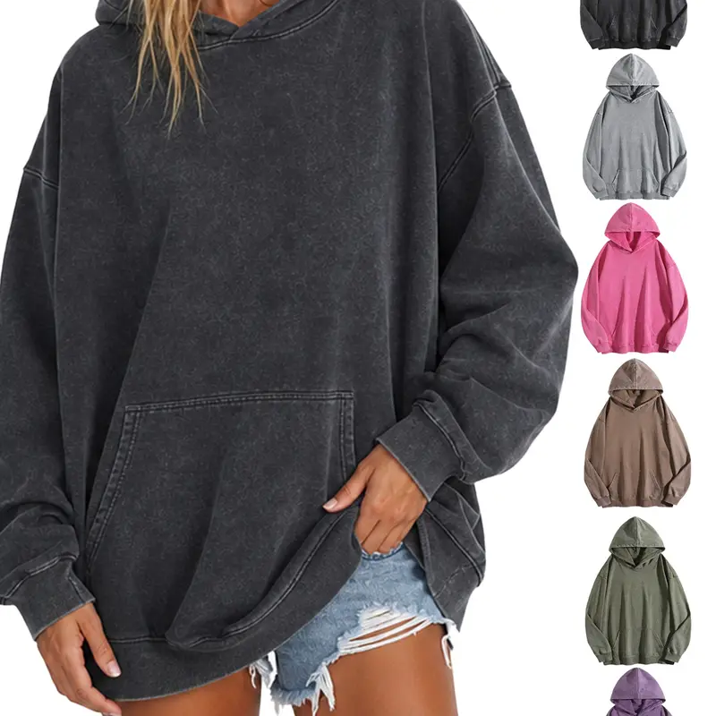 Women's Retro Acid-Wash Oversized Hoodie, Loose-Fit Long-Sleeve Pullover with Front Pocket, Vintage Washed Plain Casual Streetwear Top for Fall Winter Everyday Outfits
