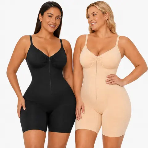 SHAPERX 2 Piece Shapewear for Women Tummy Control Bodysuits Zip-Up Comfort Ultra Stretch Fabric Customizable Breathable Mesh Design