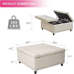 Redlife 35 Inch Large Square Storage Ottoman, Storage Ottoman Coffee Table with Lift Top Linen Ottomans Bench Square Footrest Oversized Upholstered Coffee Table for Living Room Bedroom (Beige)