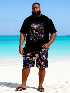 Men's Two-Piece Summer Suit, Short Sleeve Colorblock Top and Shorts, Casual Street Style, Skull Print, Vacation Wear