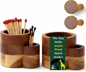 The Easy Strike Wood Holder with Striker & Striker Pad - 3.25" x 2" Decorative Matchstick Organizer for Fireplace, Candles, Home Gift, Matches Not Included (2 Pcs)