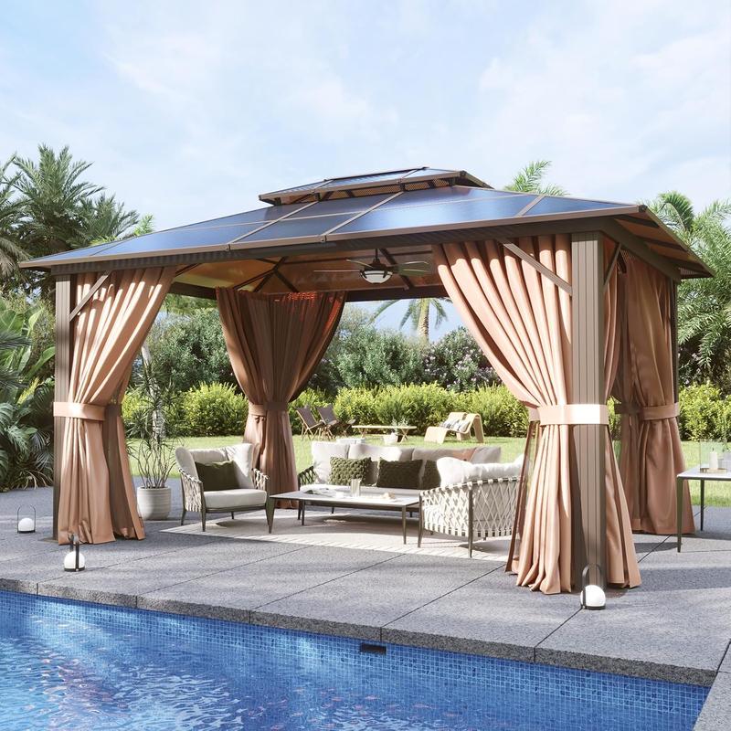 【2 Packages Shipping】Aoxun 10'x12' Hardtop Gazebo, Aluminum Frame Permanent Pavilion with Curtains and Netting, Outdoor Polycarbonate Gazebo, Double Roof Canopy, for Gardens, Patios, Lawns