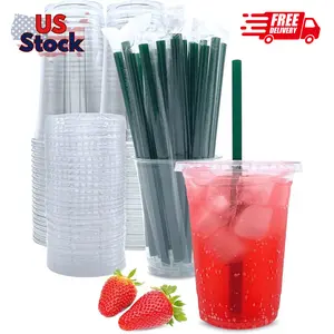16 oz Clear Plastic Cups with Lids and Straws, Disposable Coffee Cups 25 Sets