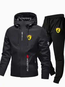 Men's Two-Piece Hooded Zipper Jacket and Sport Pants Set, Racing Print, Polyester Fabric, Fall & Winter Casual Outerwear