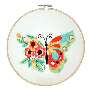 Embroidery kit for beginners, Butterfly Flower Embroidery Kit for Beginners Include Cloth Hoops Threads for Craft Lover Hand Stitch with Embroidery Skill Techniques