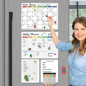 Hivillexun Magnetic Dry Erase Calendar Whiteboard Set (4-Pack) for Home, Kitchen with Monthly and Weekly Views (16.5” x 11.8”) Magnetic Whiteboard and Daily Notepads (12” x 8”) 8 Markers and 1 Eraser