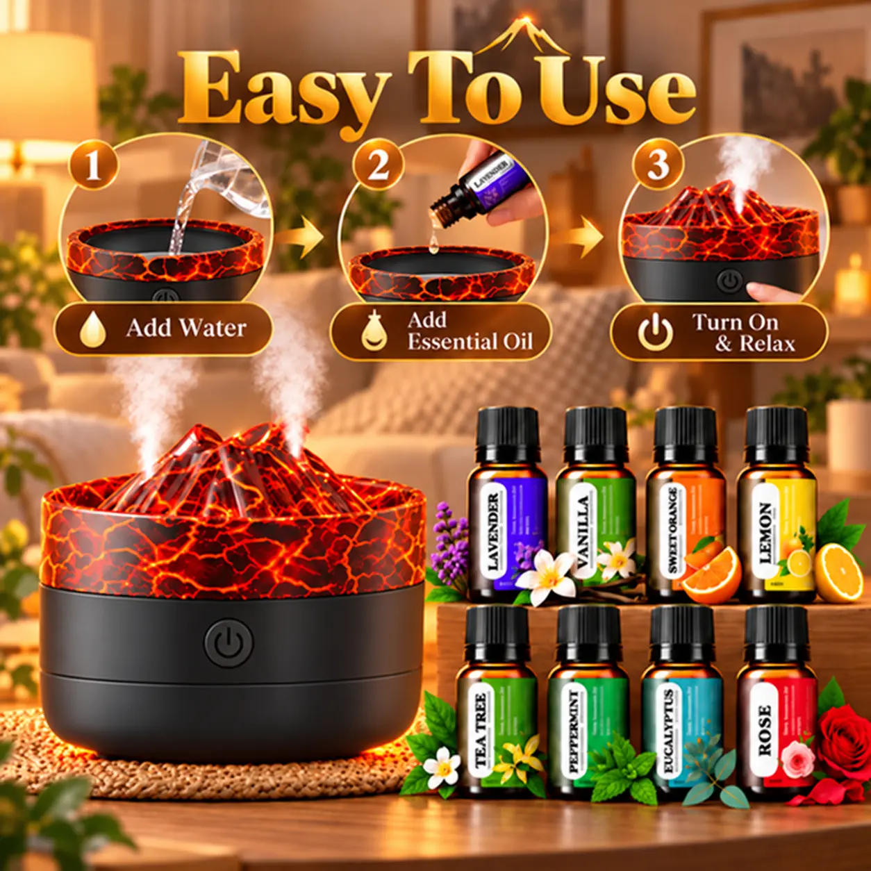 Volcano-Style Mist Humidifier with 8-Bottle Essential Oil Set – LED Flame-Effect Cool Mist Aromatherapy Diffuser, Ambient Night Light for Bedroom or Office, Home Decor Gift Set