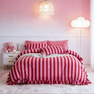 Pink Striped Ruffle Bedding Set, 3-Piece Suite with 1 Duvet Cover and 2 Pillowcases No Insert, Comfortable and Durable, Perfect Gift   Decoration for Girls' Bedroom