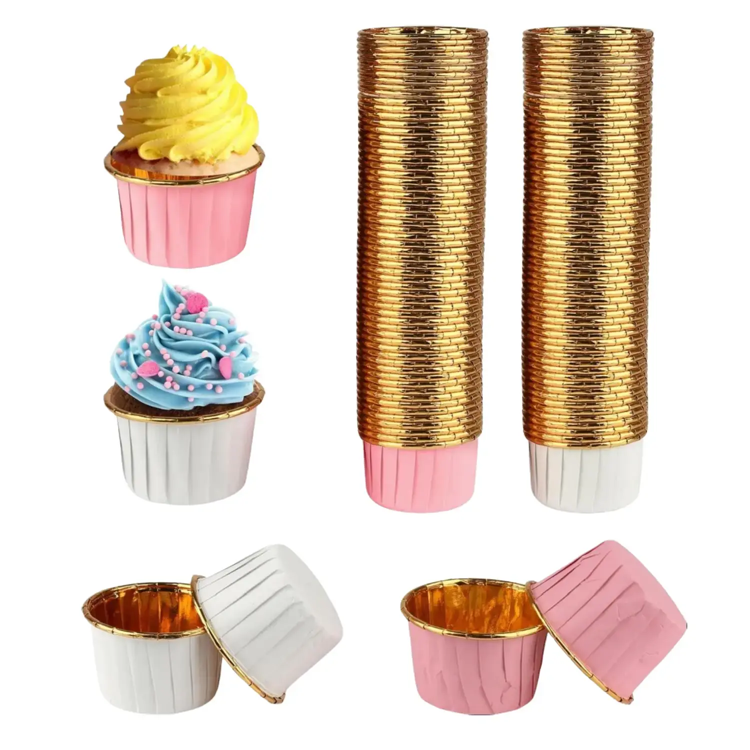 120pcs(White/Pink) Small Cylindrical Rolled Edge Paper Foil Cake Cups - 1.97x1.18in(50mmx38mmx30mm) Smooth Sturdy Waterproof Disposable Pastry Bakeware for Birthday,Holiday Parties - Home Improvement Building Supplies