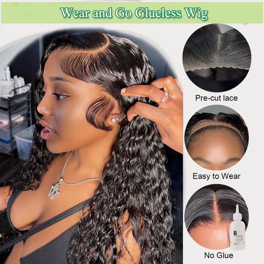 Bling Hair 13X4 13X6 Water Wave Lace Front Wig Human Hair Deep Wave Frontal Wigs for Women Brazilian Real Human Hair PrePlucked Natural Black Remy Hair 180% Density 4x4 Closure Wig