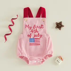 Afunbaby Infant Baby Girl 4th of July Romper Casual Ribbed Letter American Flag Embroidered Sleeveless Onesie Bodysuit Newborn Jumpsuit