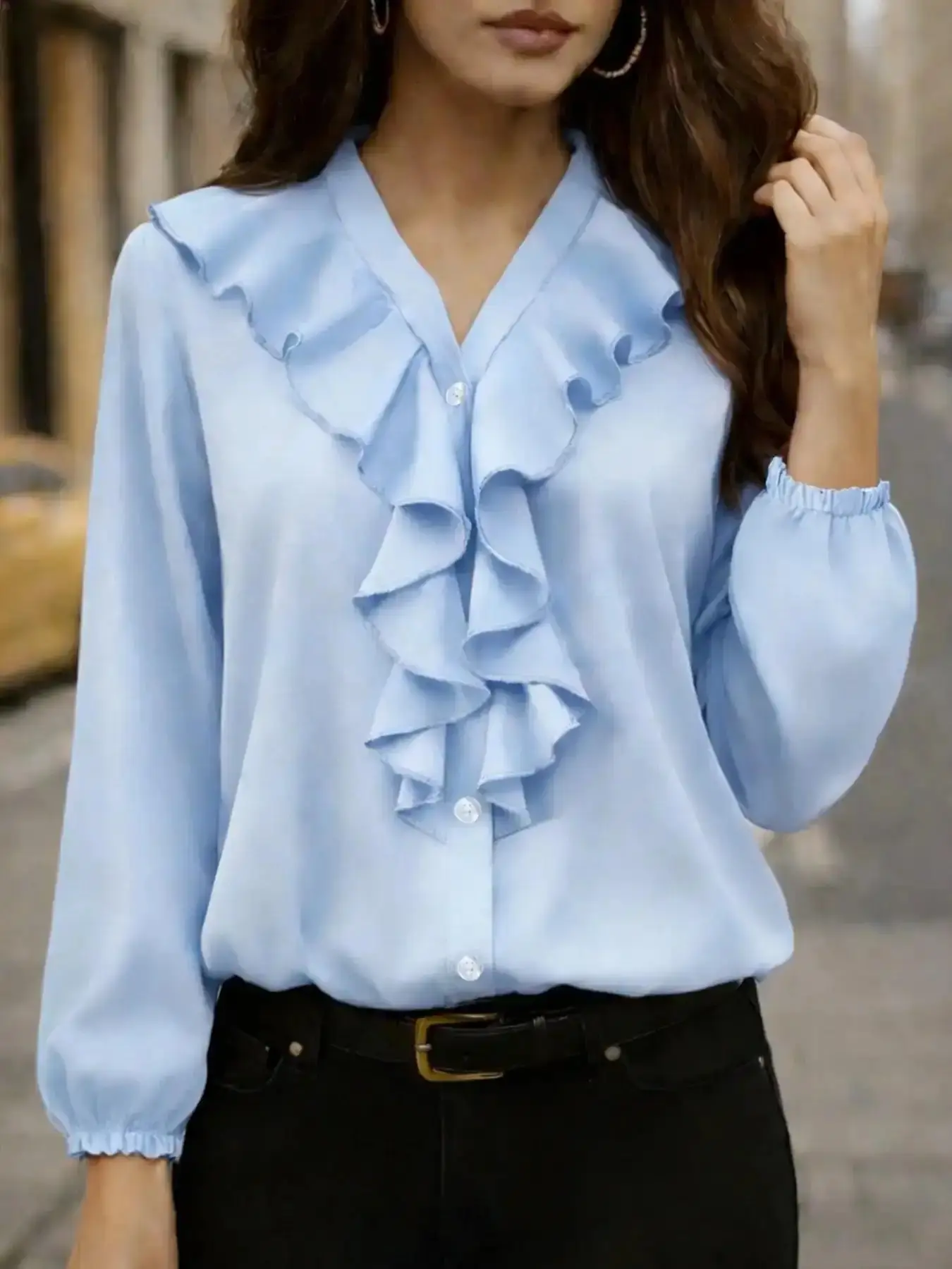 Women's Trendy French-style pleated Fitted Top blouse Button Front Casual Ruffle Long Sleeve with classic layered ruffles, a stylish and comfortable everyday choice, Up All Seasons Womenswear, effortless layering