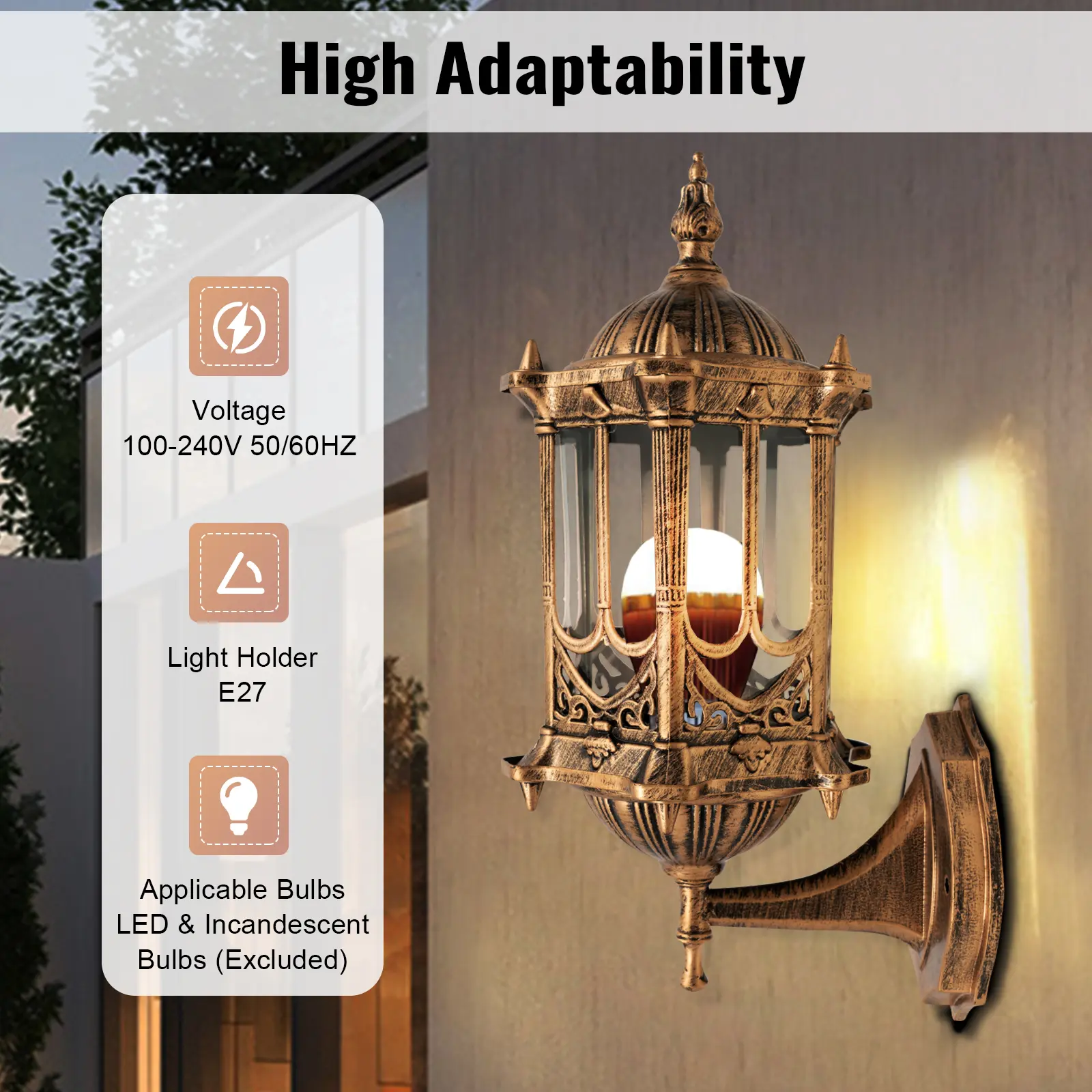 (Bulb not included) Retro Copper Outdoor Wall Light IP44 Waterproof Aluminum Glass E27 100-240V Wall Sconce for Garden Porch Patio Yard Christmas Decor