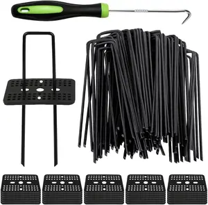 50 count Black Landscape Staples + 50 count Buffer Washer, 6 Inch 11 Gauge Garden Stakes Anchor, U Shaped Galvanized Lawn Pins Heavy Duty Yard Ground Pin for Weed Barrier Sod Fabric Decorations