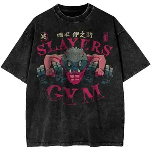 Valentine Shirts Inosuke Hashibira Demon Slayer Slayers Gym Vintage Washed T‑Shirt, Anime Graphic Oversized Gym Pump Cover Tee, Casual Cotton Crewneck Short Sleeve Streetwear Top for Fitness & Anime Fans Men Women