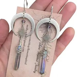 Elegant Copper Earrings - A Pair with Natural Stone, Retro Moon, Sun, Stars, Water Drops, Geometric Patterns, and Intertwining Crosses - Perfect for Daily Wear or Parties, Great Gift for Women