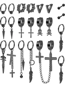 Versatile 21 Pcs All-black Ear Jewelry Collection for Women Men 304L Stainless Steel Reliable Sturdiness Skin-friendly Safety Assorted Pack Rich Mix of Trendy Iconic Elements Cross Ball Feather Shapes Slender Long Chain Drops Timeless Hoop Silhouettes