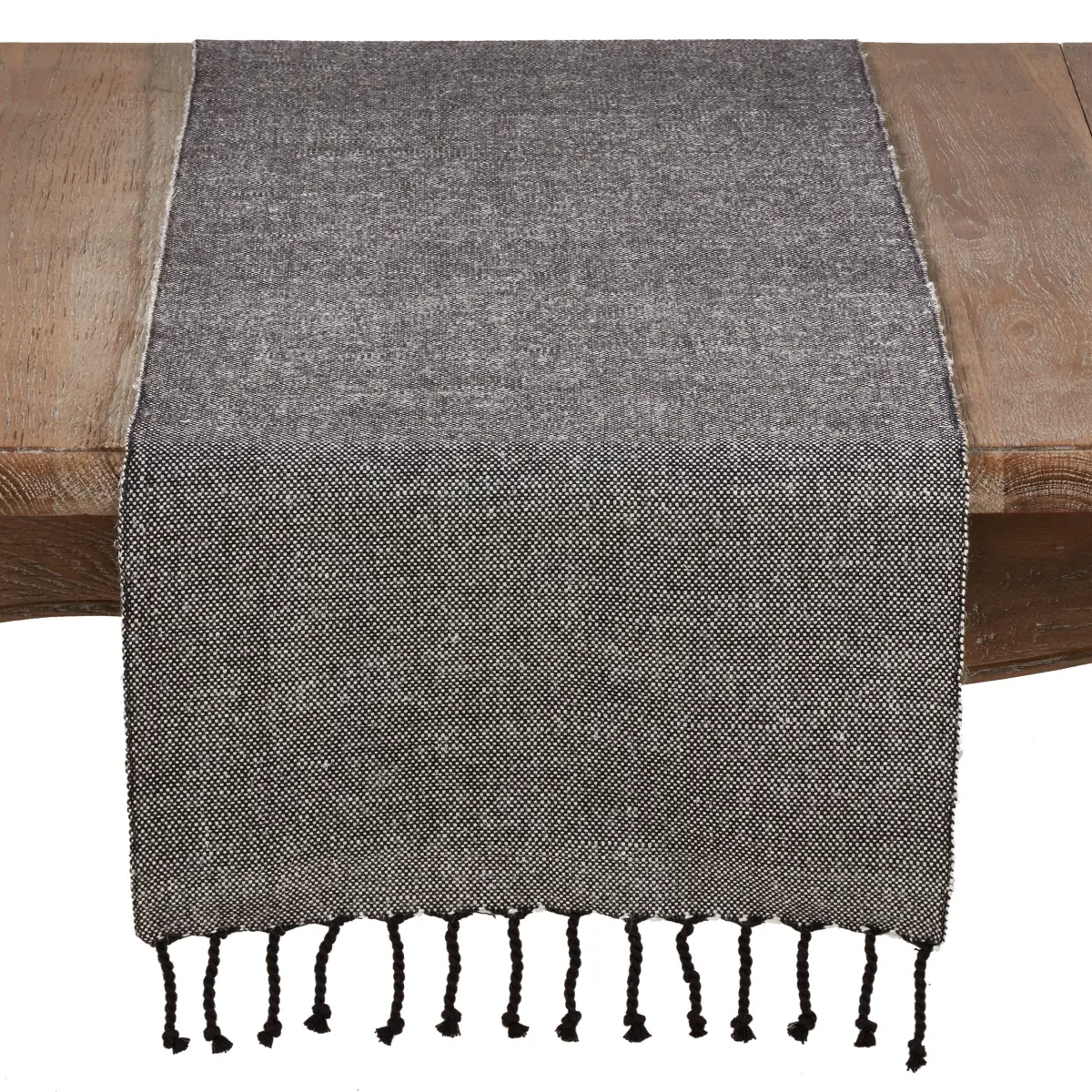 SARO Rectangular Table Runner - 16x72 in, Solid Black, Cotton & Jute Fabric with Tassels, for Table Decor