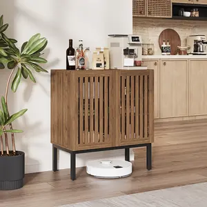 Walnut Buffet Cabinet with Adjustable Shelves, 2-Door Modern Storage Cabinet with Slatted Doors and Rebound Door Stopper, Modern Console Table with Metal Legs for Living Room, Kitchen, Entryway,Hallway,Brown