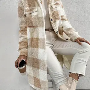 Women's Plaid Print Button Front Drop Shoulder Fuzzy Overcoat, Casual Long Sleeve Collar Neck Pocket Outerwear for Fall & Winter, Women's Clothing for Daily Wear Can be used with raincoat