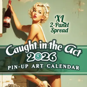 Pin-Up Calendar 2026, Caught in the Act, XL 2-Panel Vintage Pinup Retro Wall Art, Collectible, Home, Garage, Man Cave Office