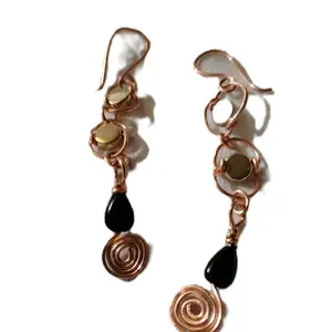 Copper Wire Wrap Dangle Earrings with Unique Spiral Design & Black Hand Blown Glass Beads Perfect for Gifting or Night Out