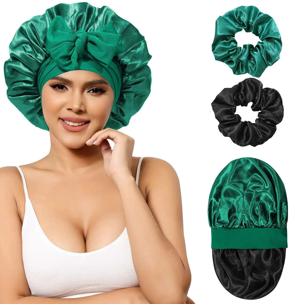 AWAYTR Reversible Double Layer Satin Bonnets for Women Men Adjustable Sleep Cap with Elastic Tie Band Hair Bonnet Haircare Hair Wrap with 2PCS Hair Scrunchies