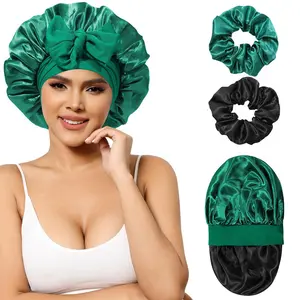 AWAYTR Reversible Double Layer Satin Bonnets for Women Men Adjustable Sleep Cap with Elastic Tie Band Hair Bonnet Haircare Hair Wrap with 2PCS Hair Scrunchies