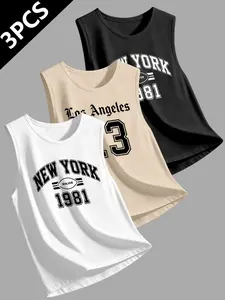 3-Pack American Basic Round Neck Sleeveless Tank Tops, Streetwear Style, Urban Digital Print, Casual Daily Wear, Layering Friendly