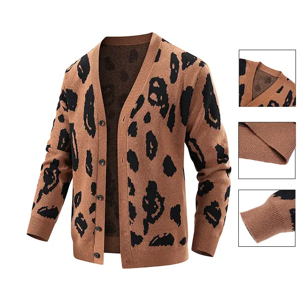 Men’s leopard print V-neck buttoned knit cardigan — soft, skin-friendly sweater jacket suitable for office casual wear, holiday outings, strolling and leisure, and party outfits