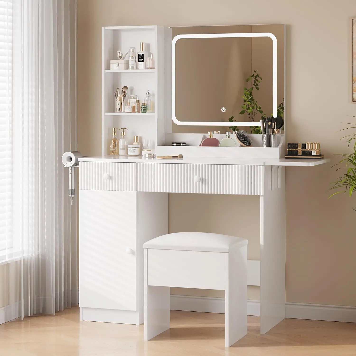 Lighted Vanity Table Set - Modern Adjustable Bright LED Makeup Vanity with Power Outlets, Drawers, Cabinet, Storage Stool, Collapsible Panel, Compact Easy-Clean Cream or Pink Bedroom Dressing Table