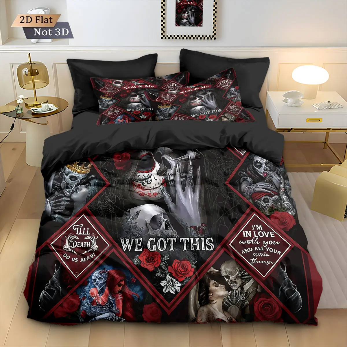 3-Piece Skull Beauty Rose Print Theme Bedding Set (1 Fitted Sheet + 2 Pillowcases), Soft Comfortable Bedding, Ideal for Couple Rooms & Hotel Rooms