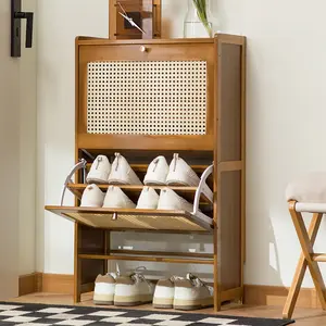 Freestanding Wooden Shoe Storage System, 2 Flip Drawers Entrance Storage Cabinet with Large Capacity Adjustable Shelves and Shoe Rack Shelf for Hallway, Living Room