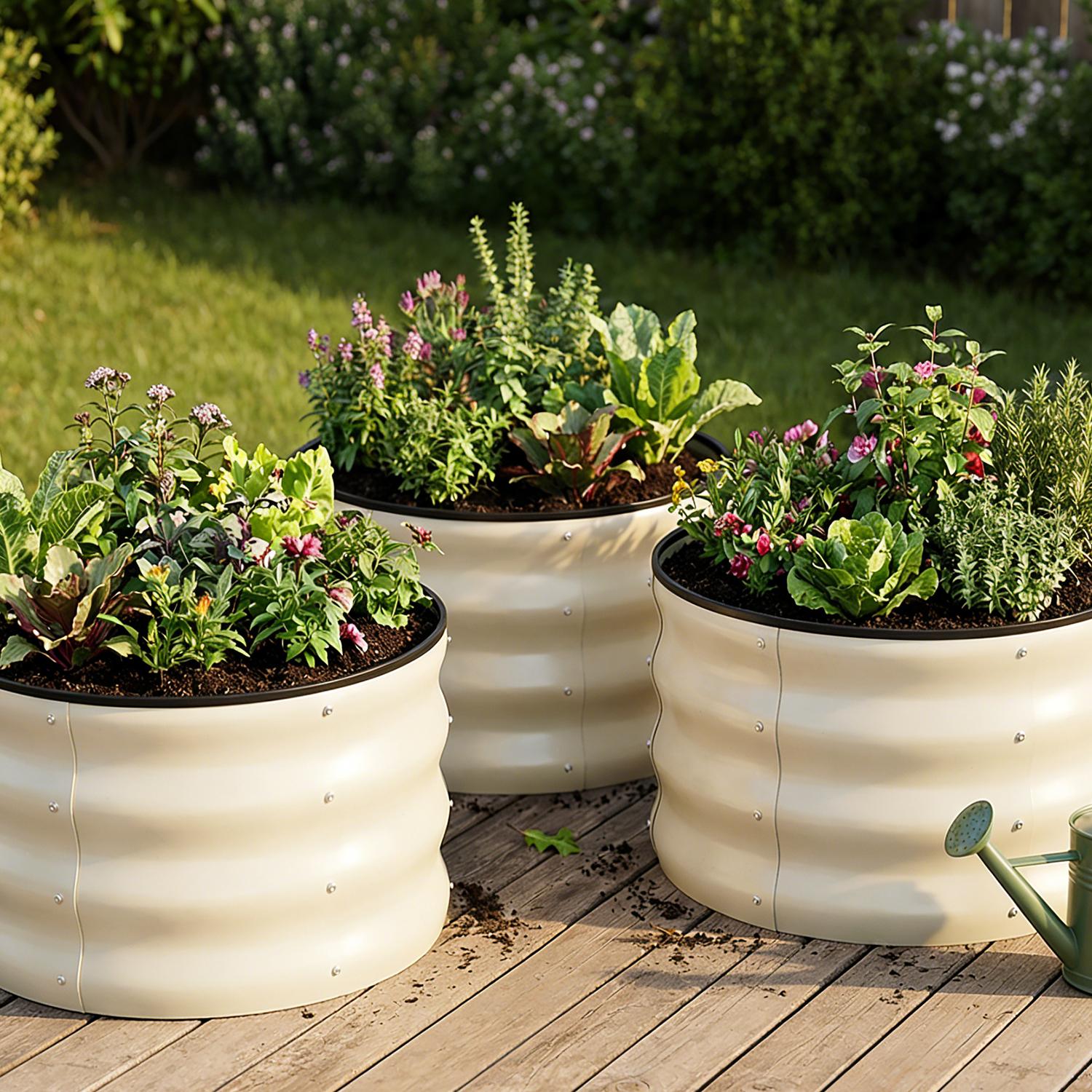 【Plant Must Have】Metal round raised 2Pcs 2x2x1ft Round Galvanized Raised Garden Bed Kit Outdoor, Metal Planter Box for Planting Plants Vegetables, White