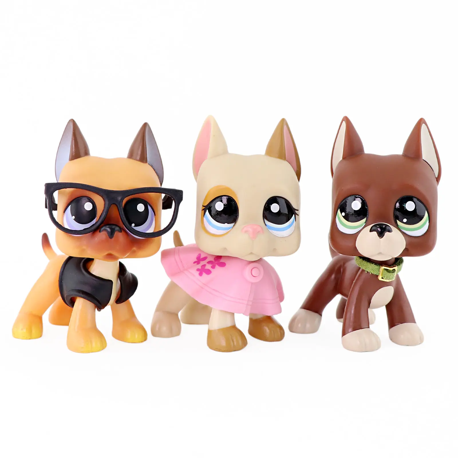 3 Pcs Wobble Head Mini Puppy Figurines, Cute Upright Ear Dog Dress Up Toys with Removable Glasses Vest Pink Floral Dress Green Collar Accessories, Small Pet Collectible Statues for Girls Cake Decor Party Favor Birthday Gift