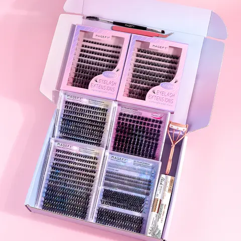 Eyelash Extensions Kit with Gift Box - 6 Lash Box Set, Curler, Tweezers, Brush, Adhesive - Thick Curling Anime Dramatic False Lashes, Accessories Bundle for Party, Travel Makeup Essentials Gift
