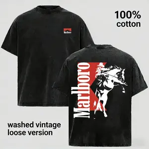 [100% Cotton] [Made in the USA] Washed vintage Marlboro denim hooded sweatshirt, Bohemian Western style, unisex printed pullover, comfortable everyday cotton men's wear, a perfect gift for men.