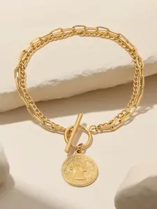 Fashion Stainless Steel Beauty Head Coin Pendant Bracelet, Dual Layer Chain Jewelry, Stylish Hand Accessory for Women, Elegant Jewelry Bracelet