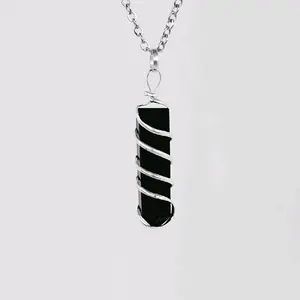 Black Obsidian Gemstone Coil Wrapped Point Pendant - Obsidian Wire Wrapped Crystal Pendant with Chain
