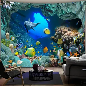 1pc Vibrant Underwater Sea Cave Tapestry - Polyester Print with Dolphins, Fish, and Coral Reef Design, Perfect for Living Room, Bedroom, or Dorm Decor, Includes Free Hanging Kit, Bedroom Wall Art |     Oceanic Theme Decor |     Durable Polyester Fabric, N
