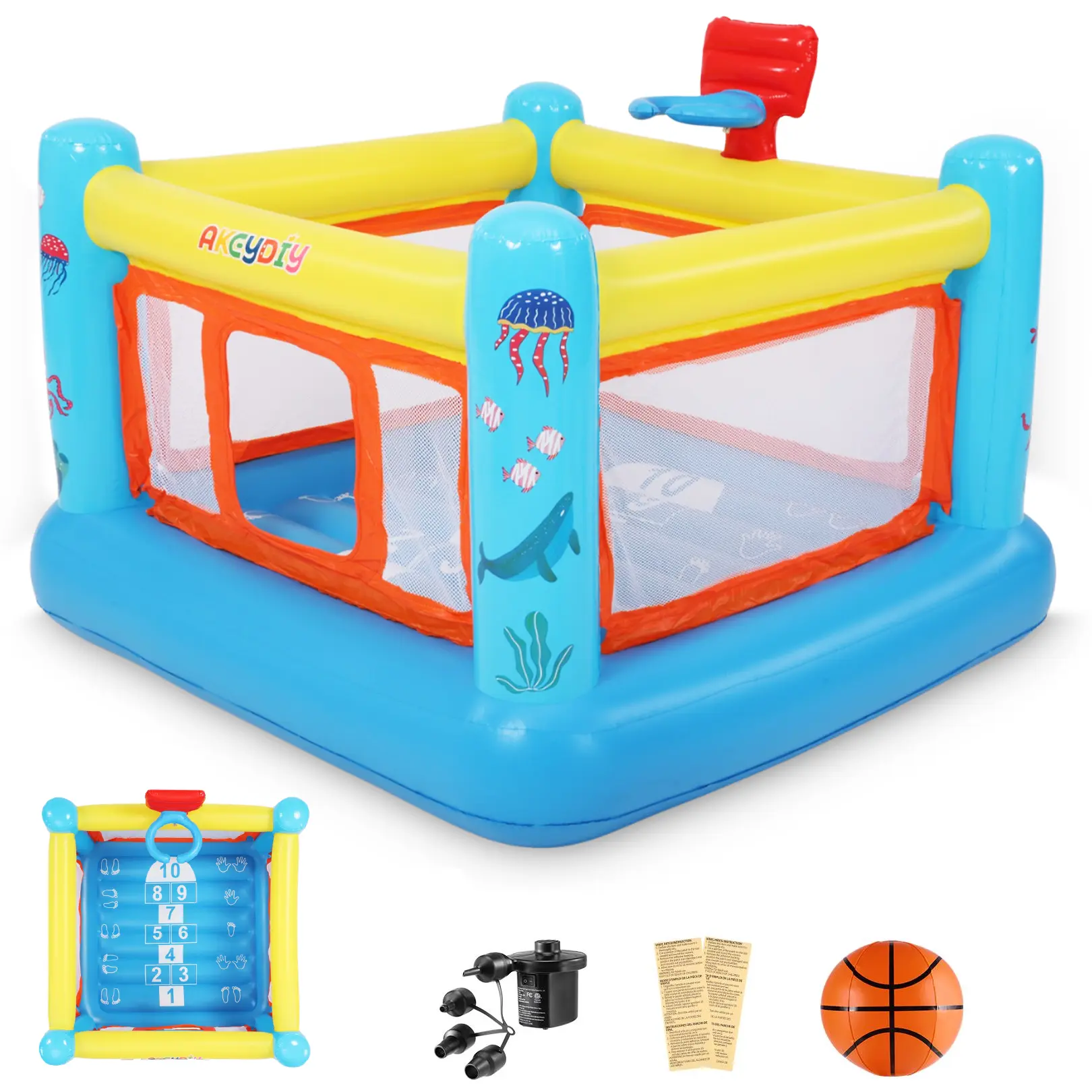 AKEYDIY Kids Inflatable Bounce House for Little Kids  3-6, Heavy-Duty Durable PVC Trampoline with Extra Large Jumping Area, Basketball Hoop and Game Map, Suitable for Indoor & Outdoor Daily Play, Lovely Toy Gift